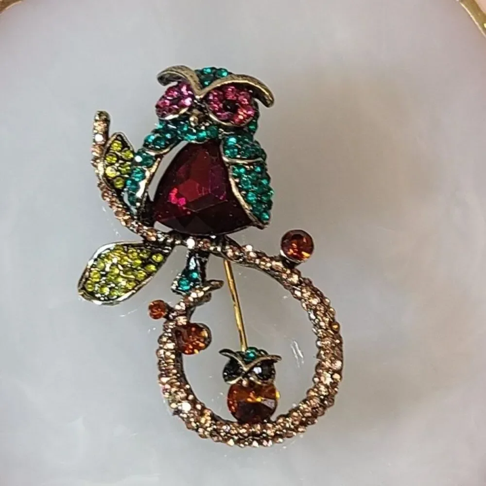 Multicolor Rhinestone Owl Brooch Pin Gold Tone Crystal Bird Women's Fashion Gift